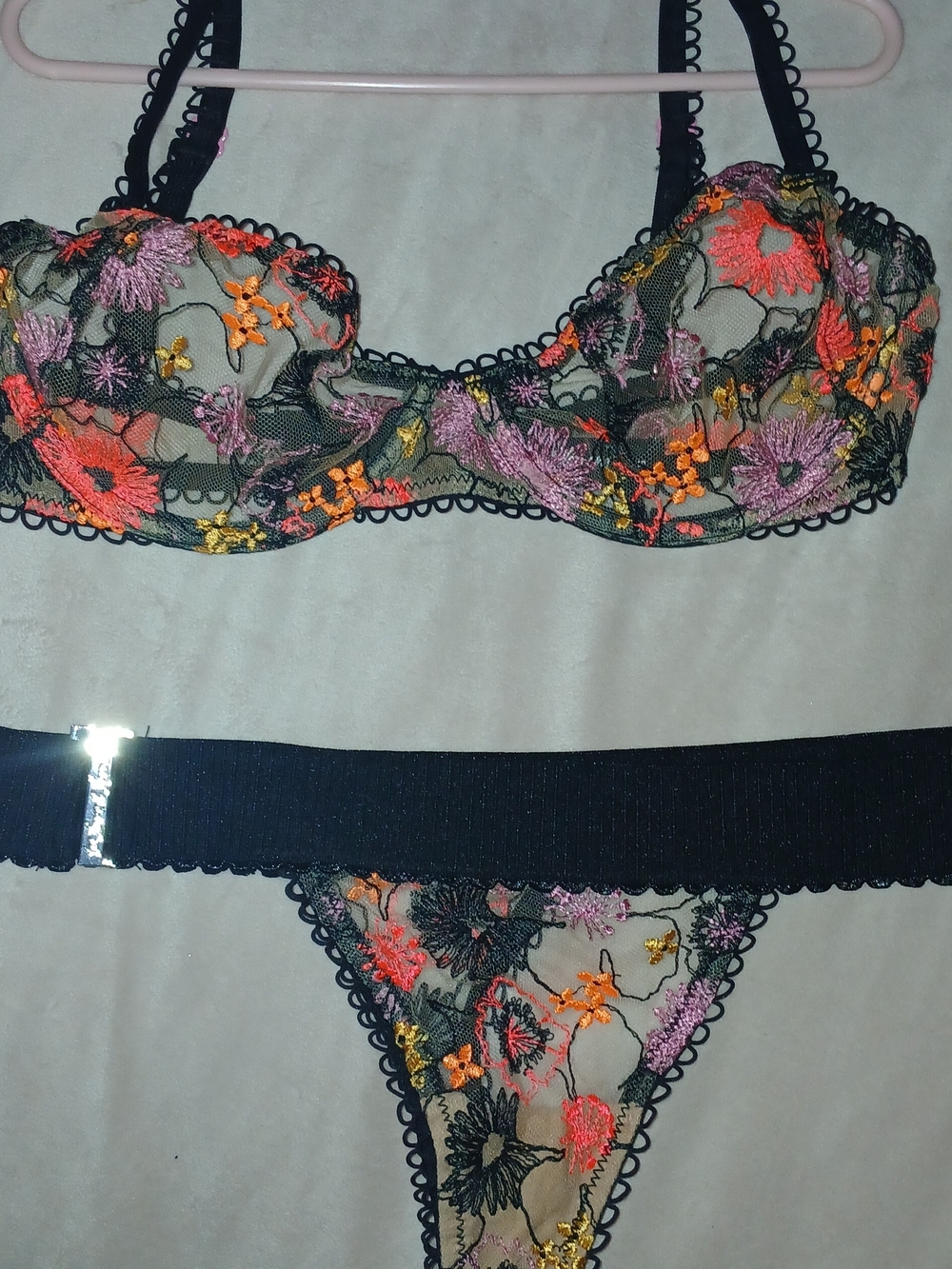 Sheer Floral Embroidered Lace Bra & Thong Set - Black with Multicolor Flowers